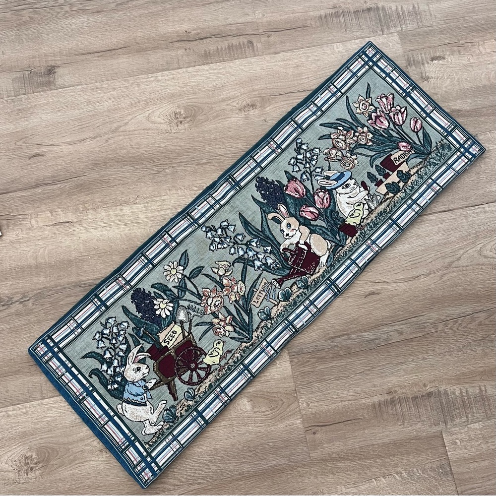Easter Rabbit Tapestry‎ Table Runner Cloth Spring Floral 13" x 36"